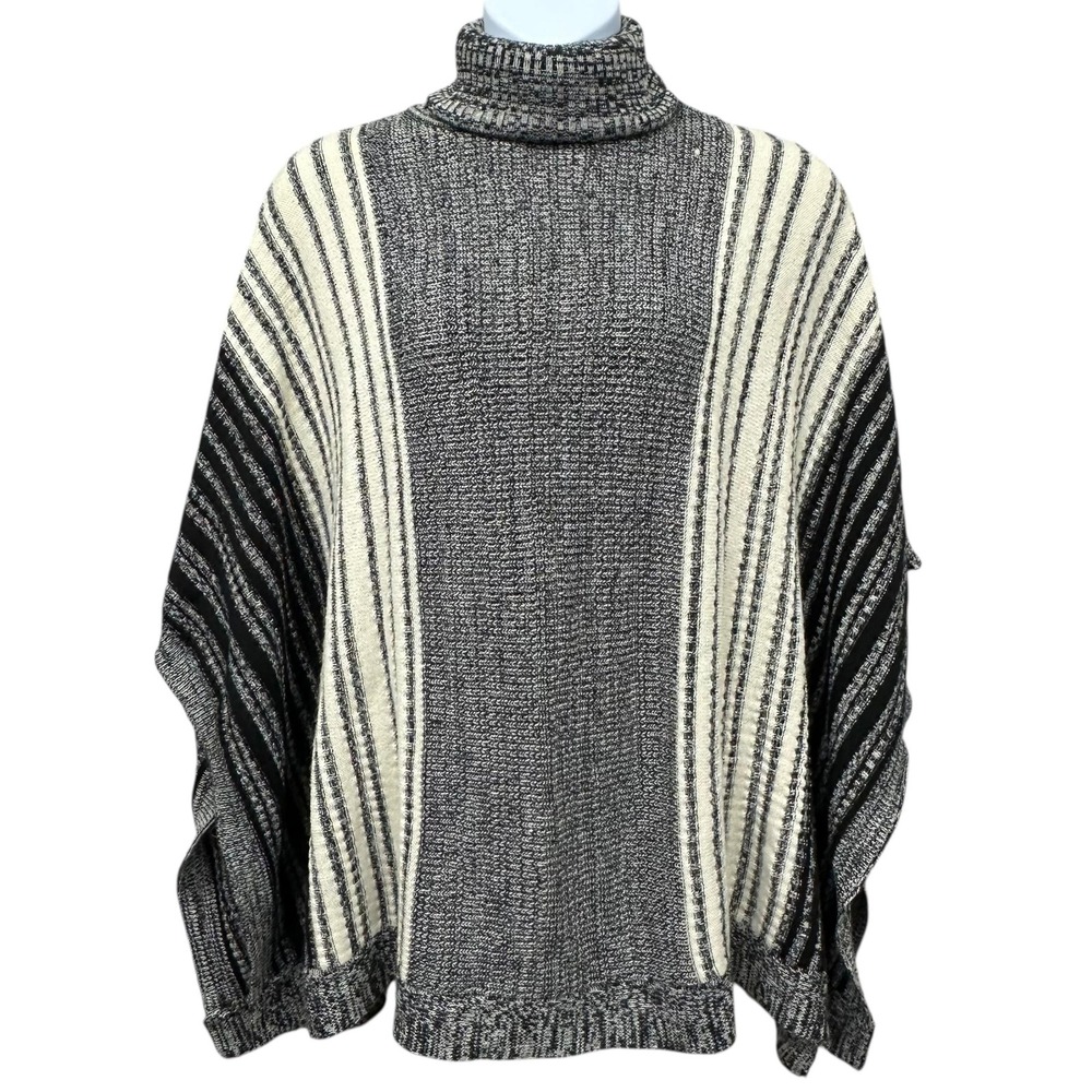One A Sweater Womens Medium Black Gray Cream Striped Turtleneck Poncho Knit
